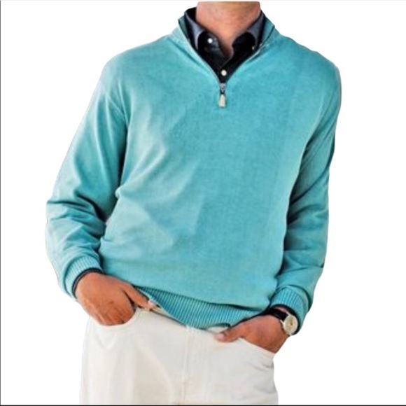 Peter Millar Other - PETER MILLAR Cashmere 1/4 Zip Mock Neck Sweater Turquoise Leather Zipper Pull M